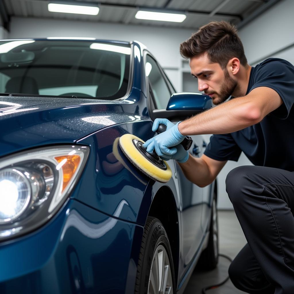 Fahrzeugaufbereiter poliert den Lack eines Autos