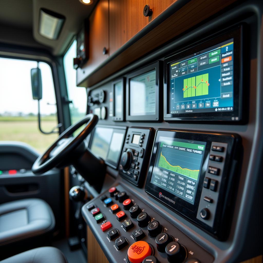 Fendt Wohnwagen Diamant Technologie:  Nahaufnahme des modernen Bedienpanels im Wohnwagen mit verschiedenen Anzeigen und Steuerungselementen.