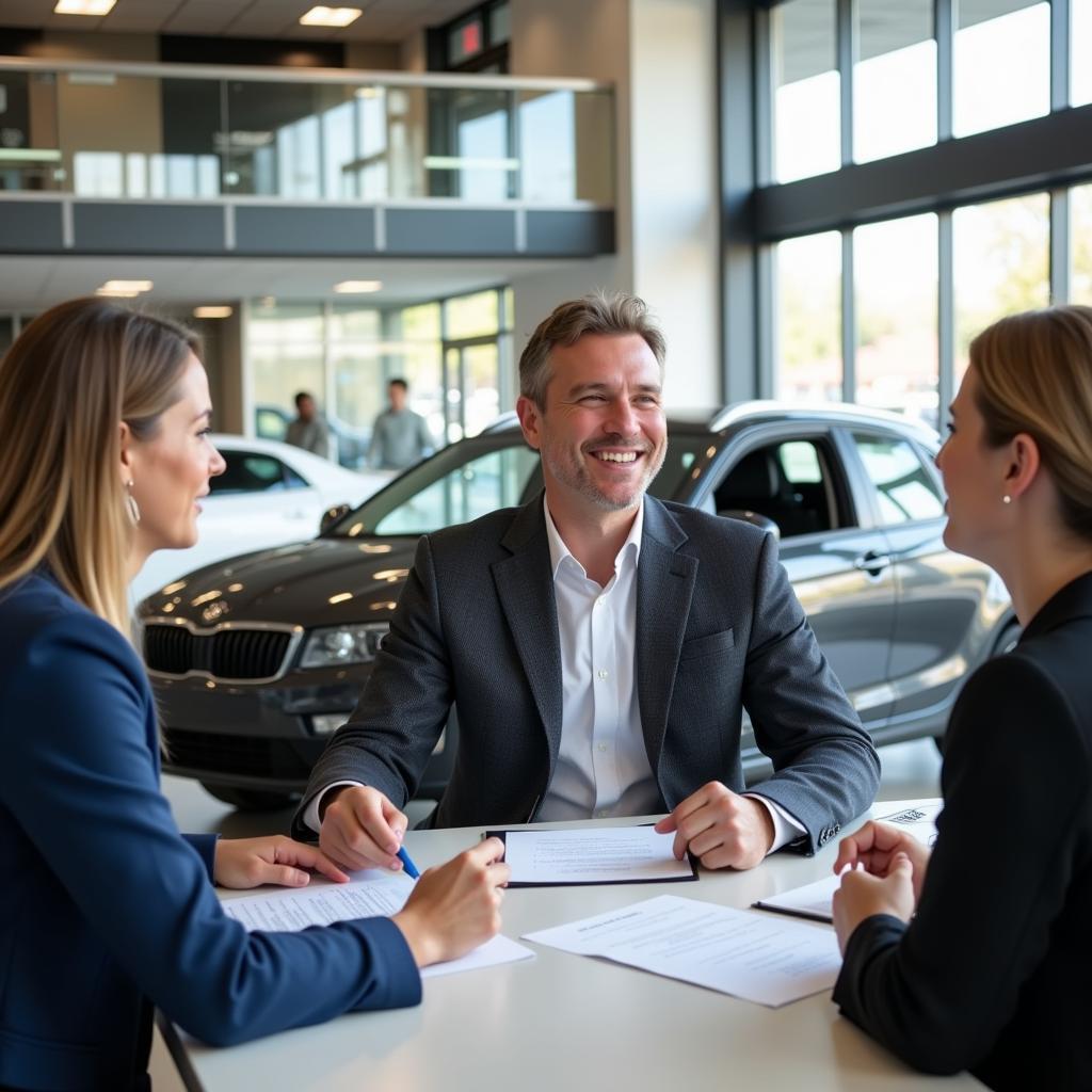 Finanzierungsberatung im Autohaus BHS:  Kundenberater erklärt Finanzierungsoptionen.