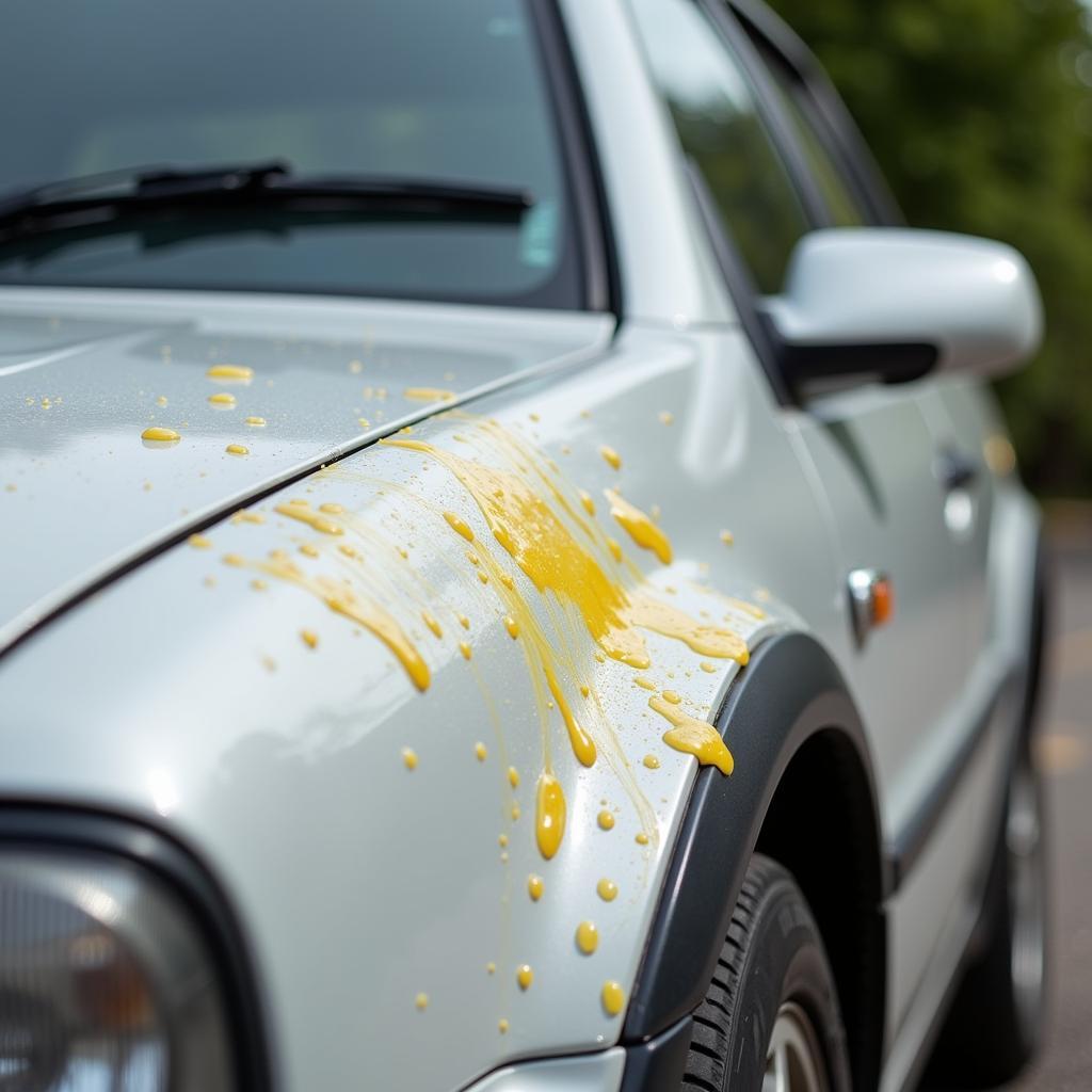 Gelber Vogelkot auf einem Autolack