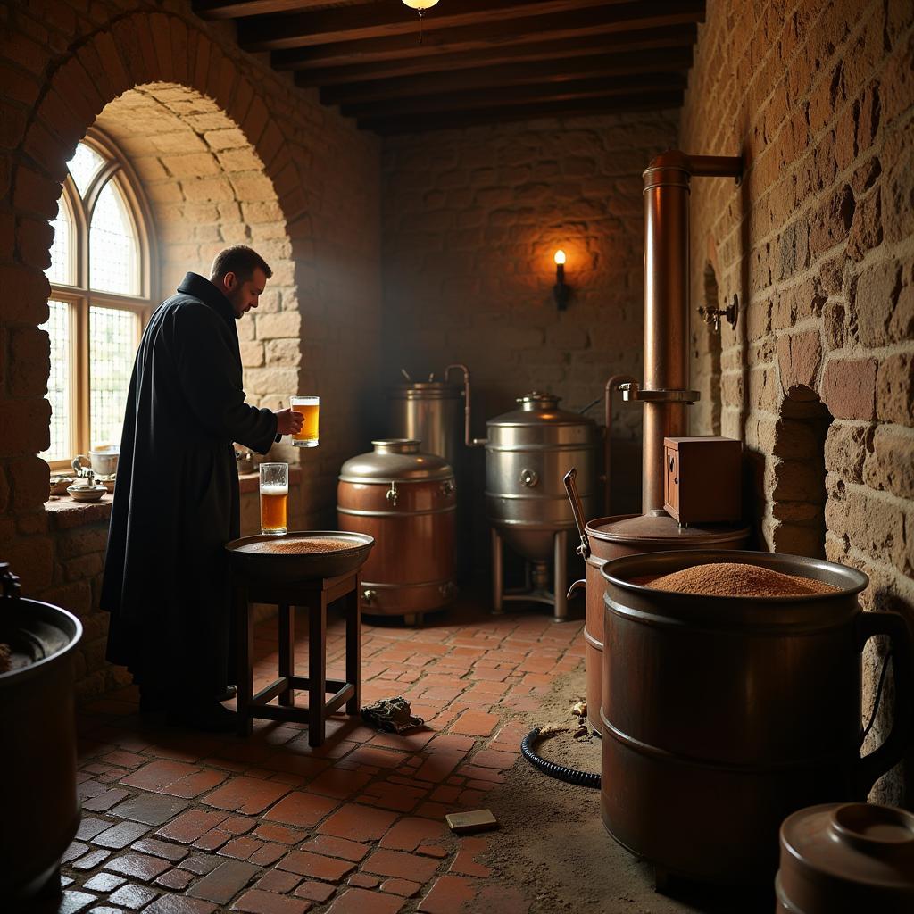 Die Geschichte des deutschen Bieres: Ein Mönch braut Bier in einer mittelalterlichen Brauerei.