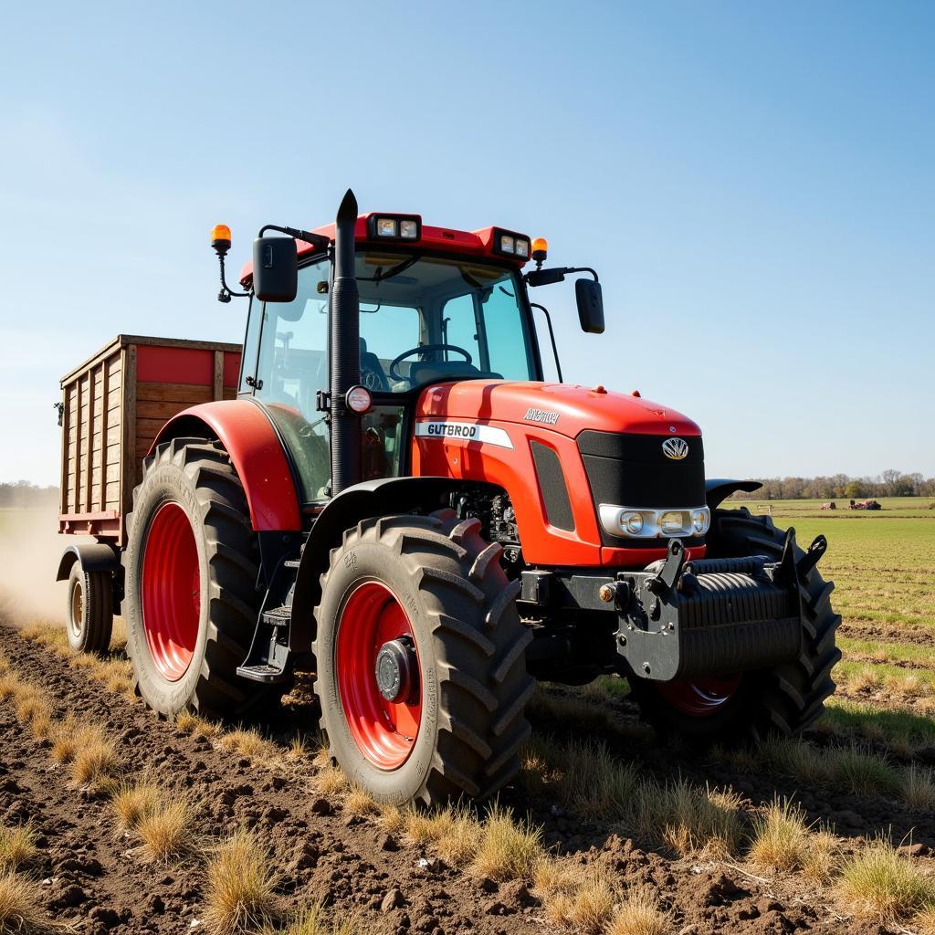 Ein Gutbrod Traktor bei der Arbeit auf einem Feld.