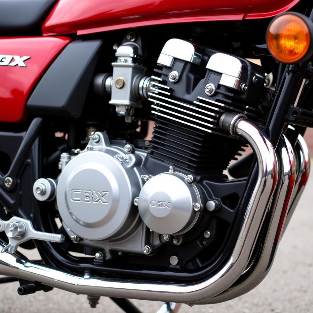 Detaillierte Ansicht des Reihensechszylindermotors der Honda CBX 750.