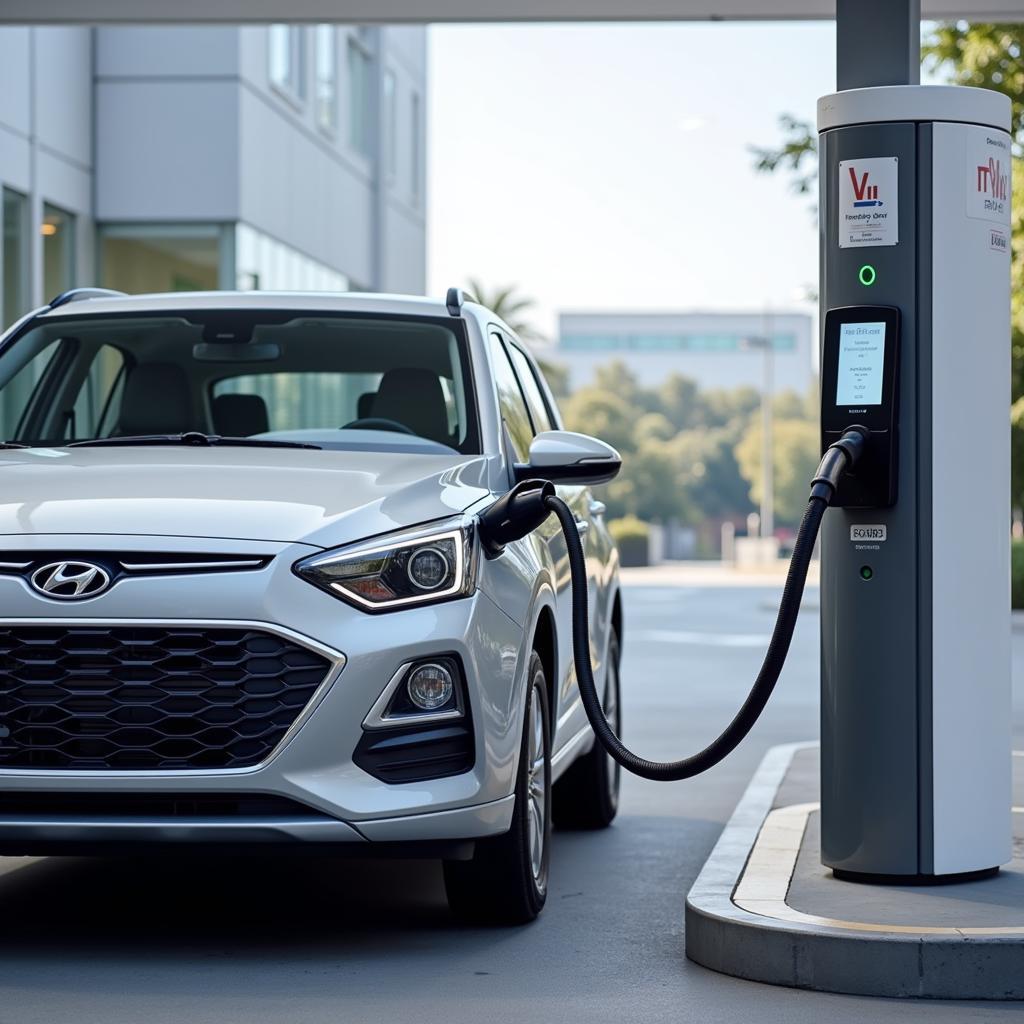 Hyundai Nexo tankt Wasserstoff an einer modernen Tankstelle