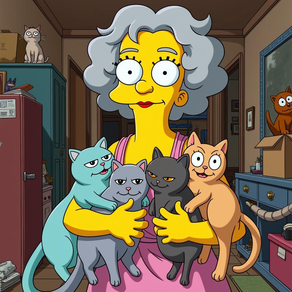 Porträt der Katzenoma Simpsons mit ihren Katzen