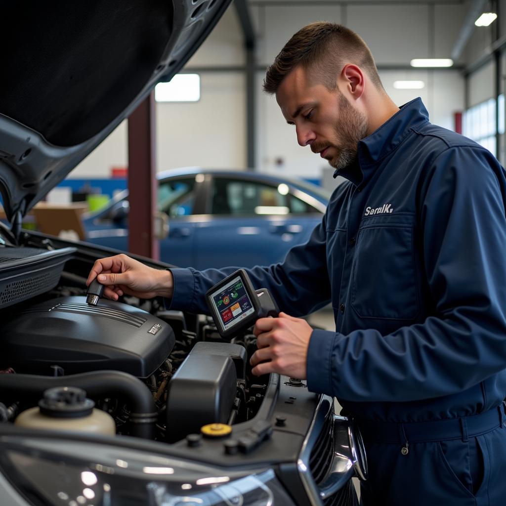 Kfz-Mechatroniker bei der Arbeit in der Werkstatt mit Diagnosegerät