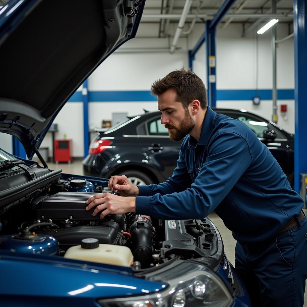 Kfz-Reparatur bei Auto Hartmann in Sonthofen: Ein Mechaniker arbeitet an einem Motor.