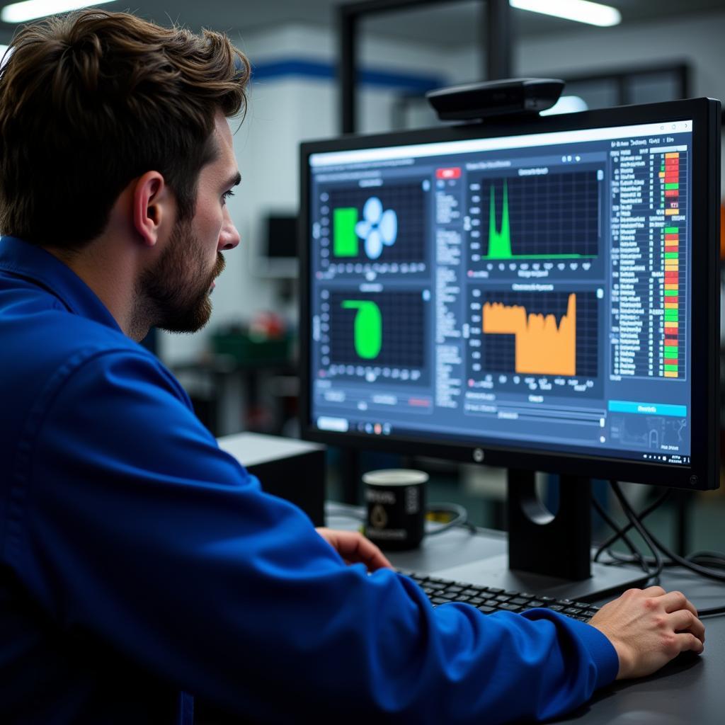 Launch Test Ergebnisse Analyse: Ein Kfz-Mechaniker analysiert die Ergebnisse eines Launch Tests auf einem Computerbildschirm, um die Ursache einer Fehlfunktion zu identifizieren.