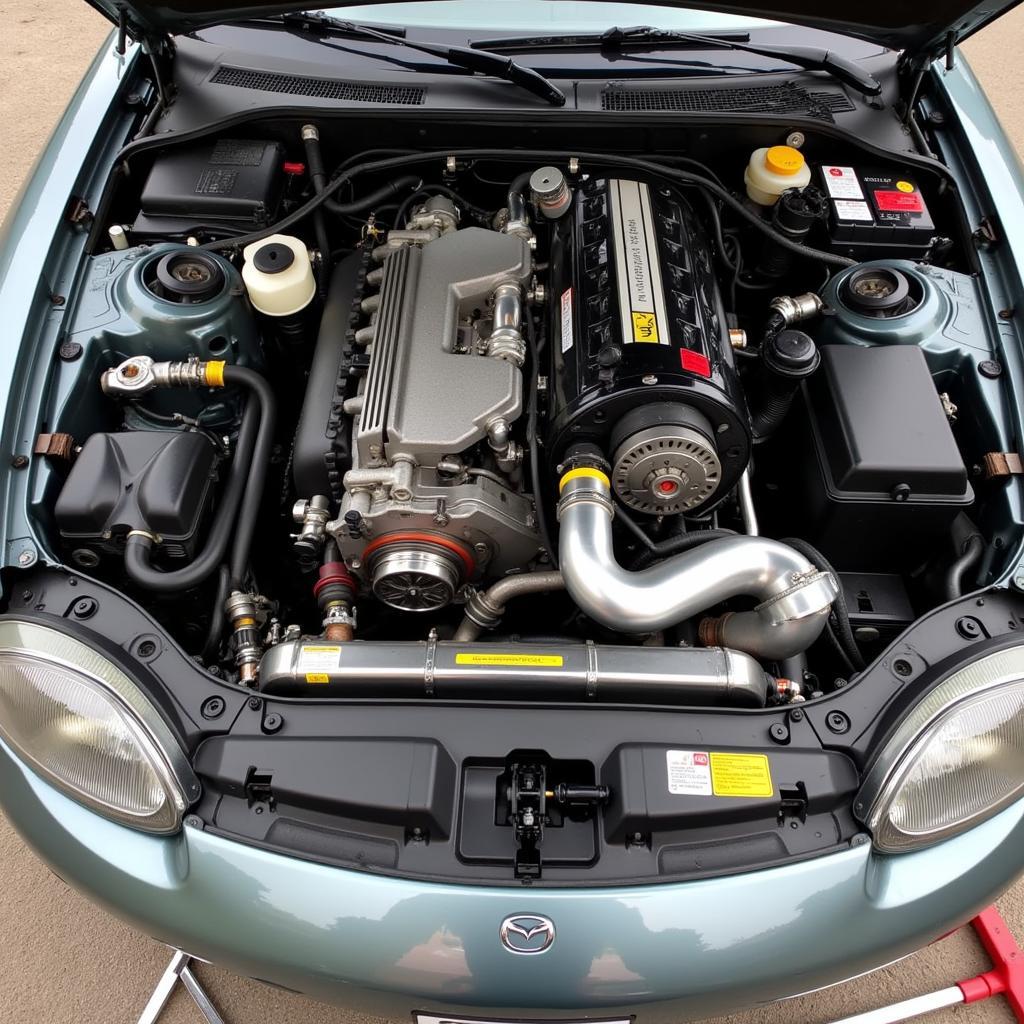 Mazda MX-5 NC Motor Tuning: Ein Blick unter die Haube des Roadsters, der für Tuning-Maßnahmen vorbereitet wird.