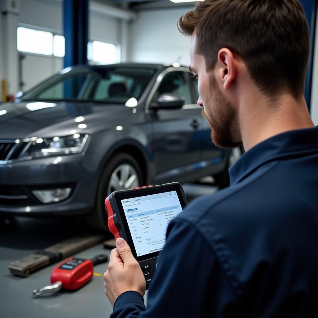 Mechaniker verwendet ein Diagnosegerät in der Werkstatt