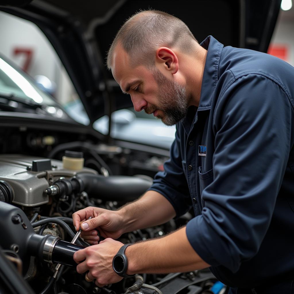 Meister Röhrich bei der Autoreparatur:  Konzentriert und präzise.