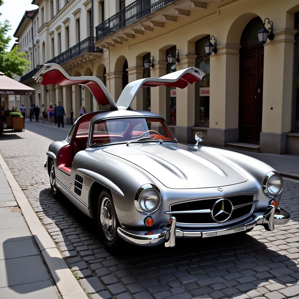 Mercedes-Benz 300 SL Flügeltürer in klassischem Silber.