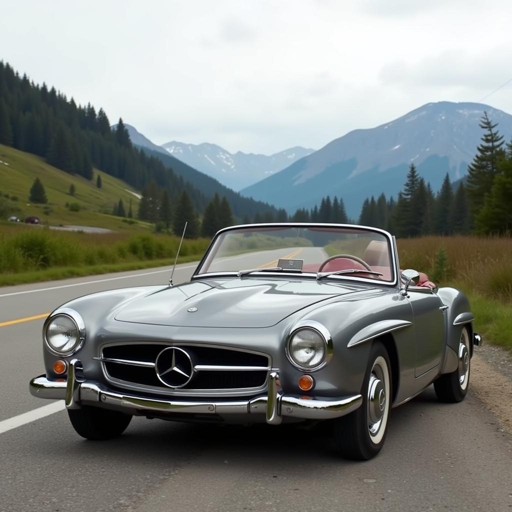 Ein klassischer Mercedes-Benz Cabrio Oldtimer fährt auf einer malerischen Straße.