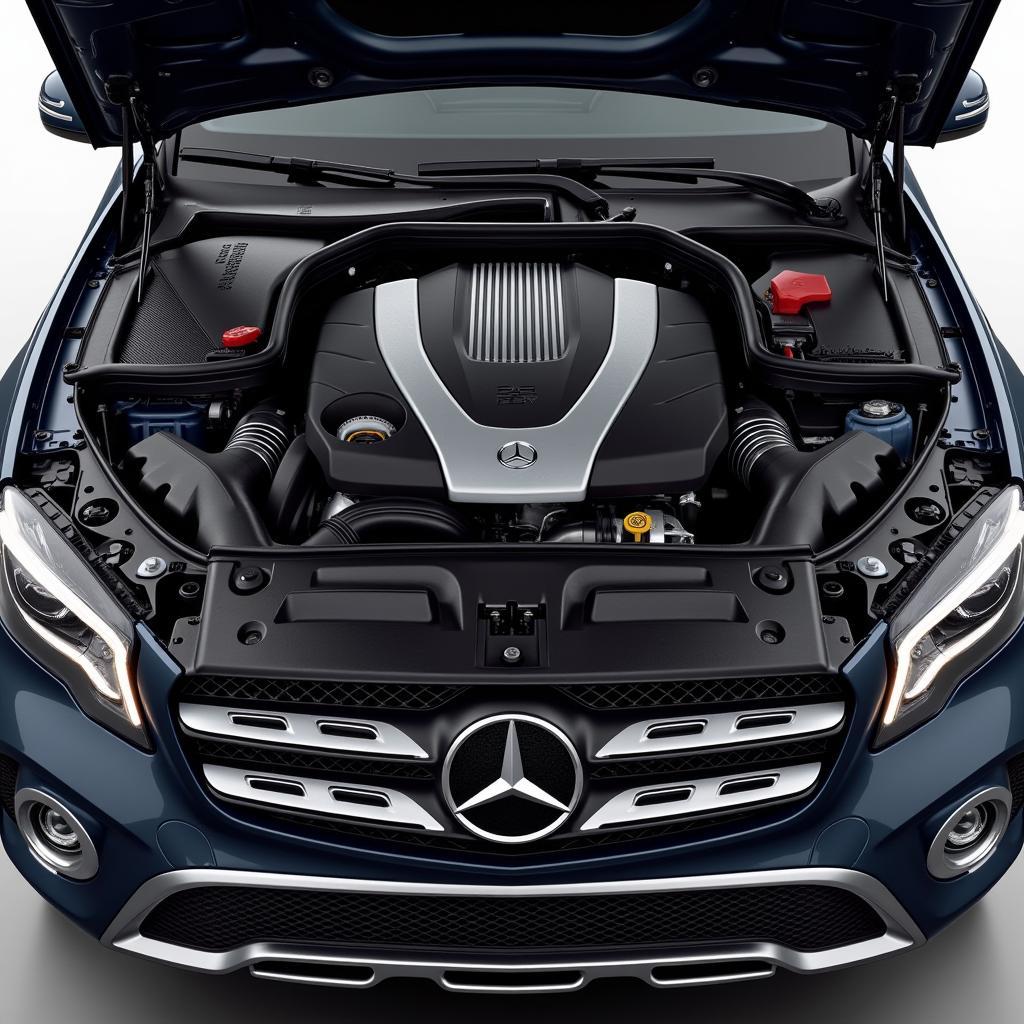 Detaillierter Blick auf den Motor des Mercedes-Benz GLA 2020, der seine fortschrittliche Technologie und Leistung hervorhebt.