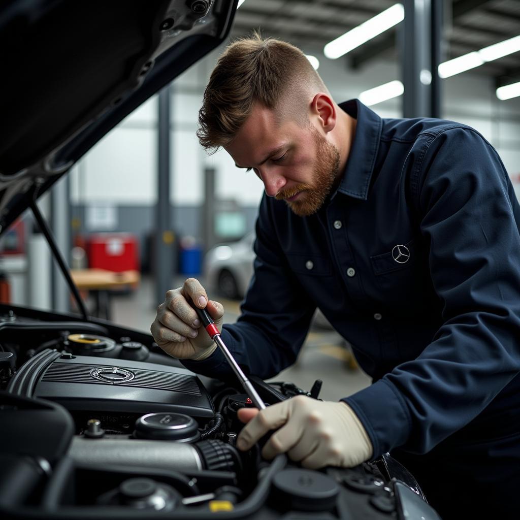 Mercedes Reparatur in Pfungstadt: Ein qualifizierter Mechaniker arbeitet an einem Mercedes-Motor.