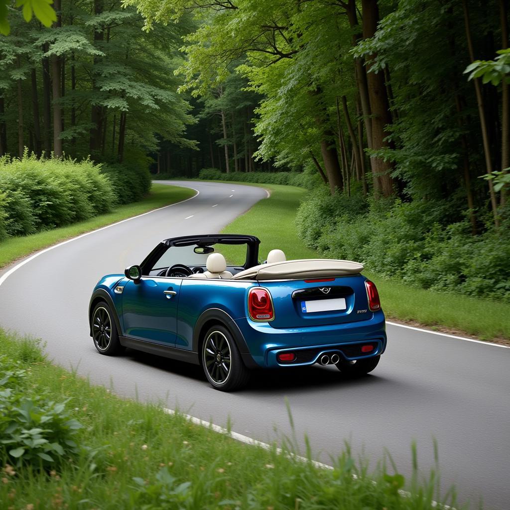 Mini Cooper Automatik Cabrio auf einer kurvigen Landstraße.