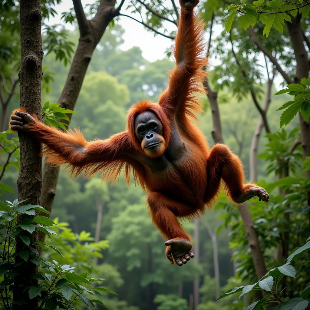 Orang-Utan im Regenwald schwingt sich von Ast zu Ast