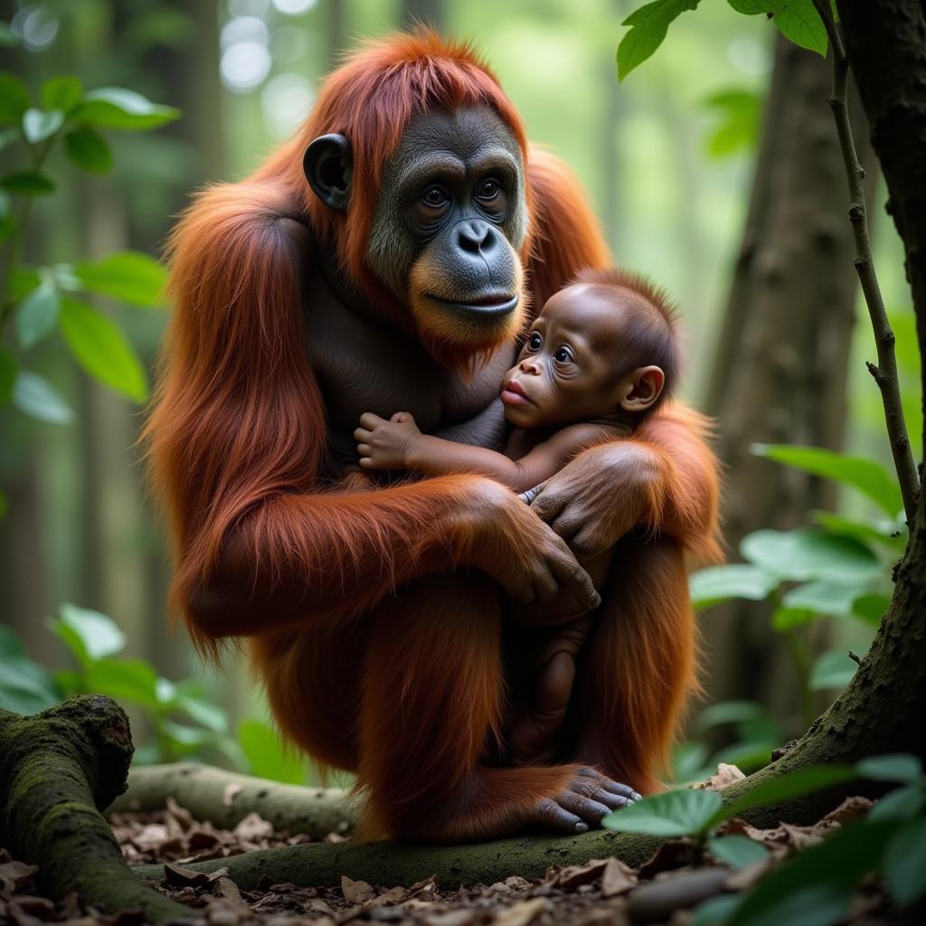 Orang-Utan-Junges mit seiner Mutter