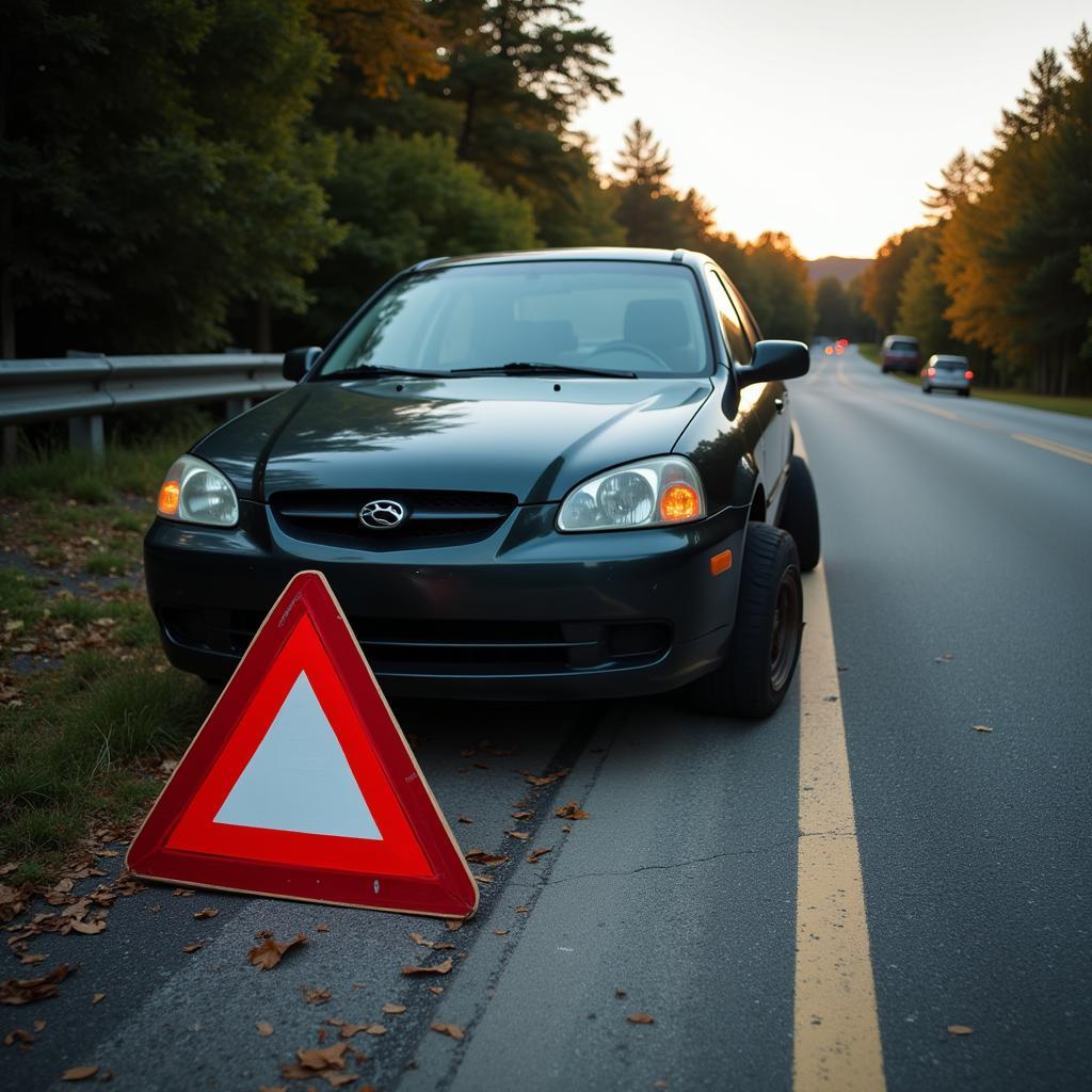 Platter Reifen am Straßenrand: Ein Auto mit plattem Reifen steht am Straßenrand. Ein Warndreieck ist aufgestellt.