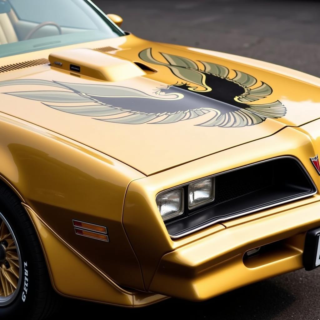 Der Pontiac Trans Am 1977 in seiner goldenen Pracht, mit dem ikonischen Firebird-Logo auf der Motorhaube.