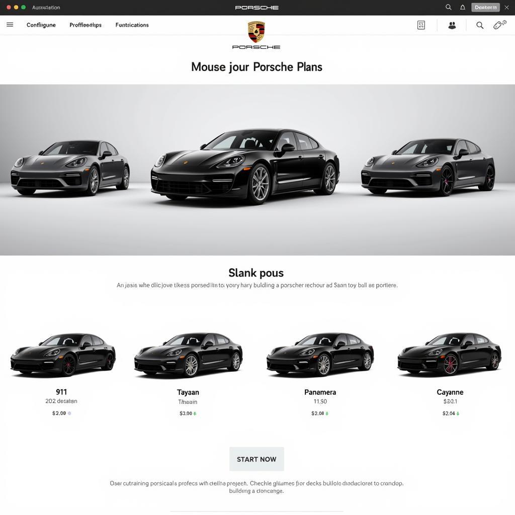 Porsche Config Startseite: Ein Screenshot des Porsche Konfigurators, der die Auswahl verschiedener Porsche Modelle zeigt.