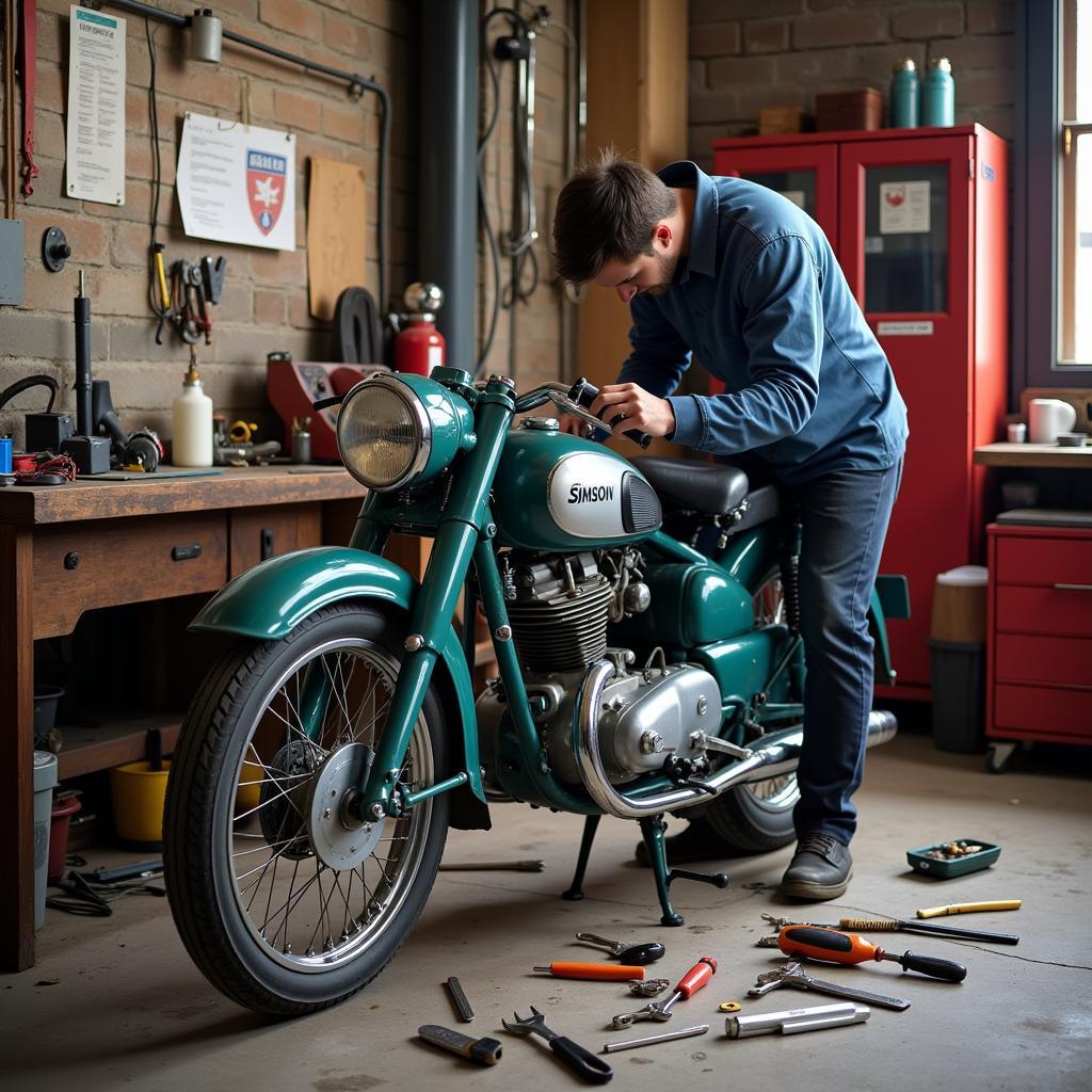 Ein Mechaniker arbeitet in einer Werkstatt an einem Simson Moped.