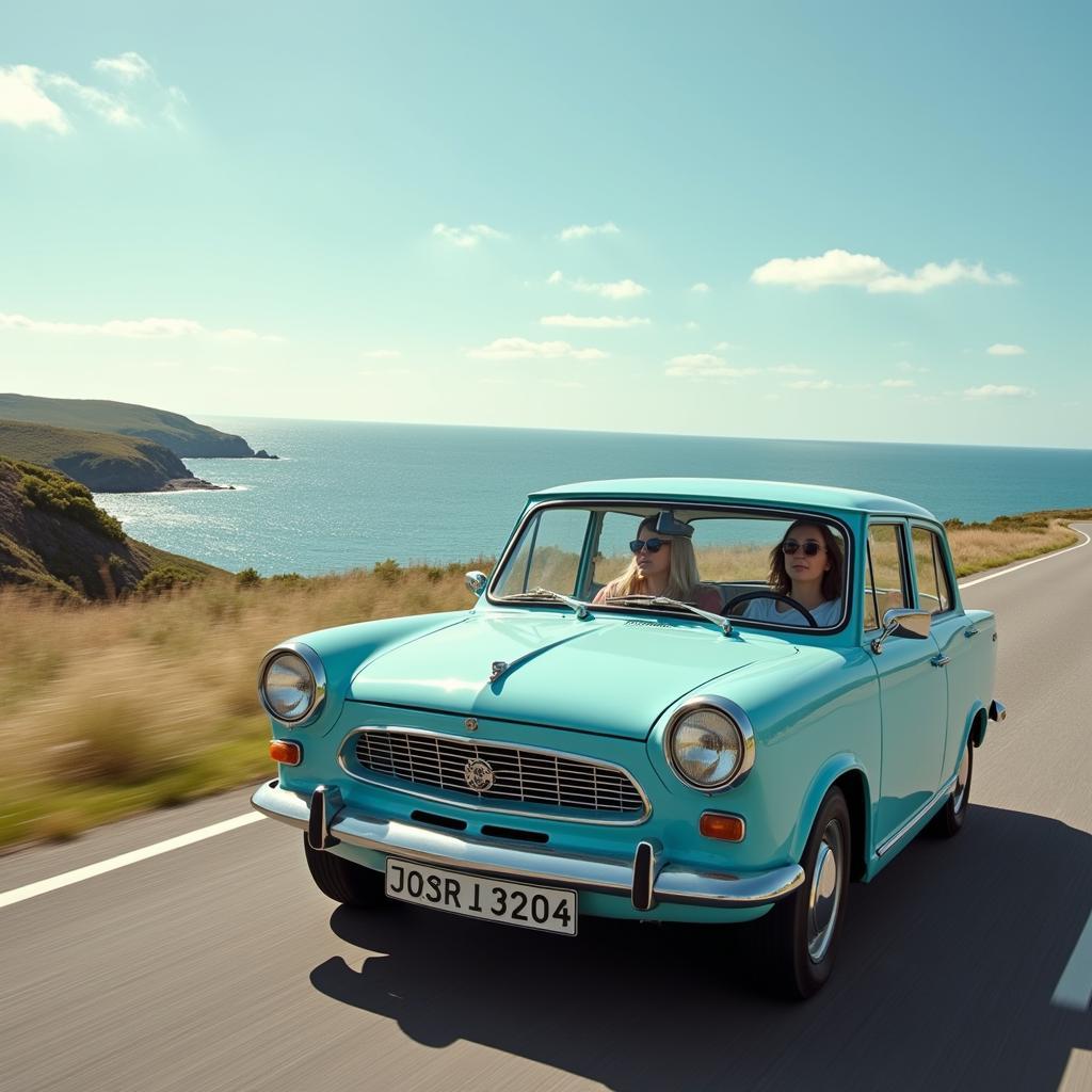 Sonja Schmidt und ihr himmelblauer Trabant auf Reisen an der Ostsee