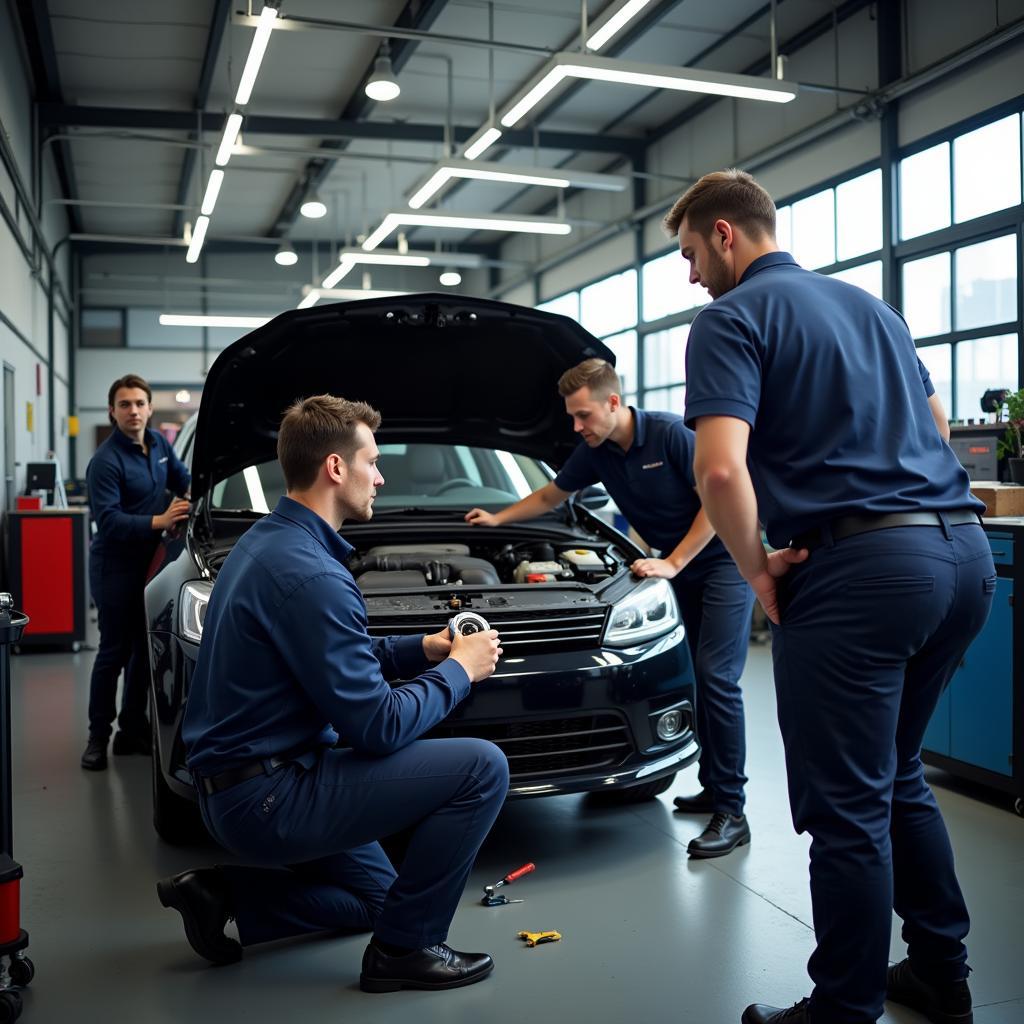 Team von Mechanikern bei der Arbeit in der Spanier Radebeul Werkstatt