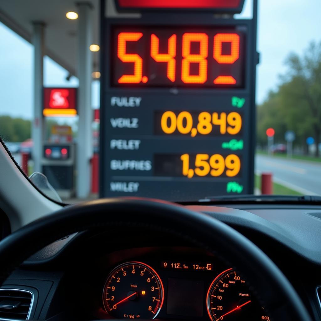 Spritpreise an einer Tankstelle und Kilometerstand eines Autos