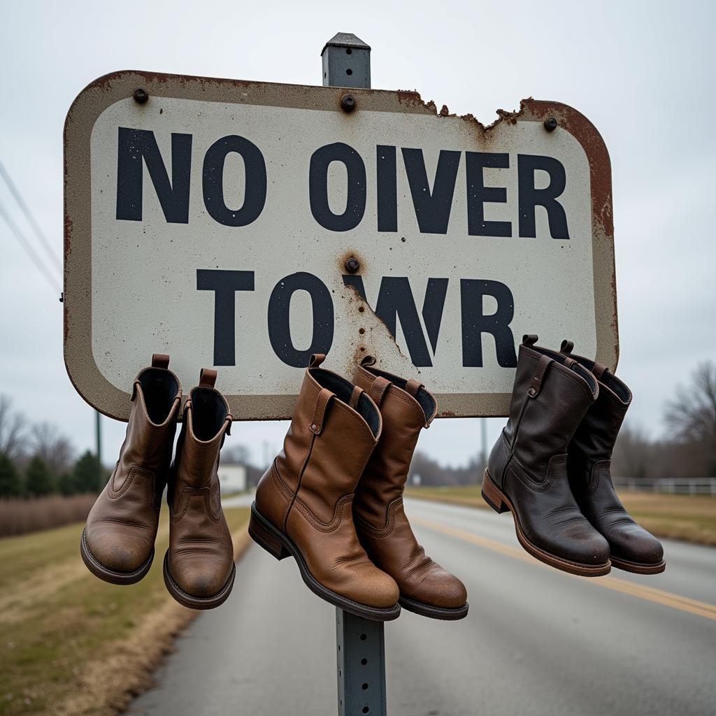 Stiefel als Protest am Ortseingangsschild