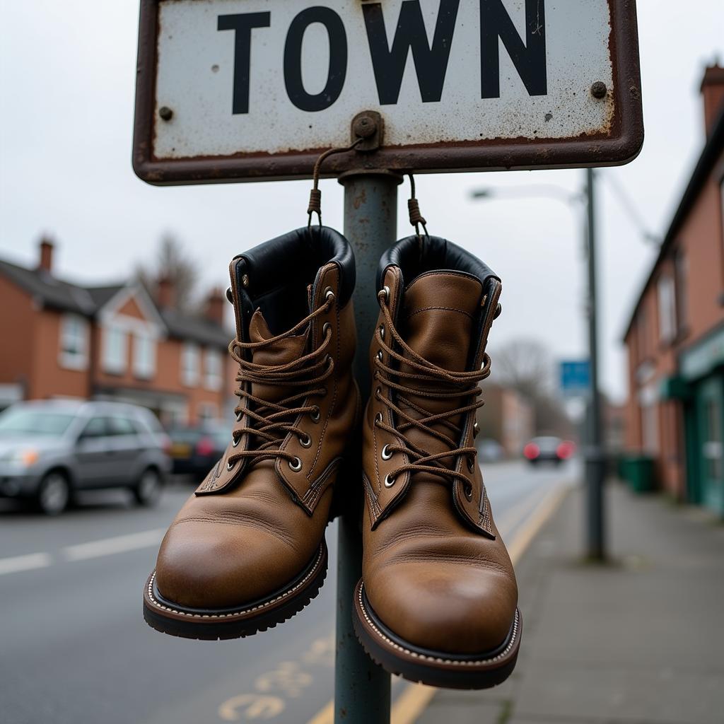 Widerstand symbolisiert durch Stiefel am Ortseingang