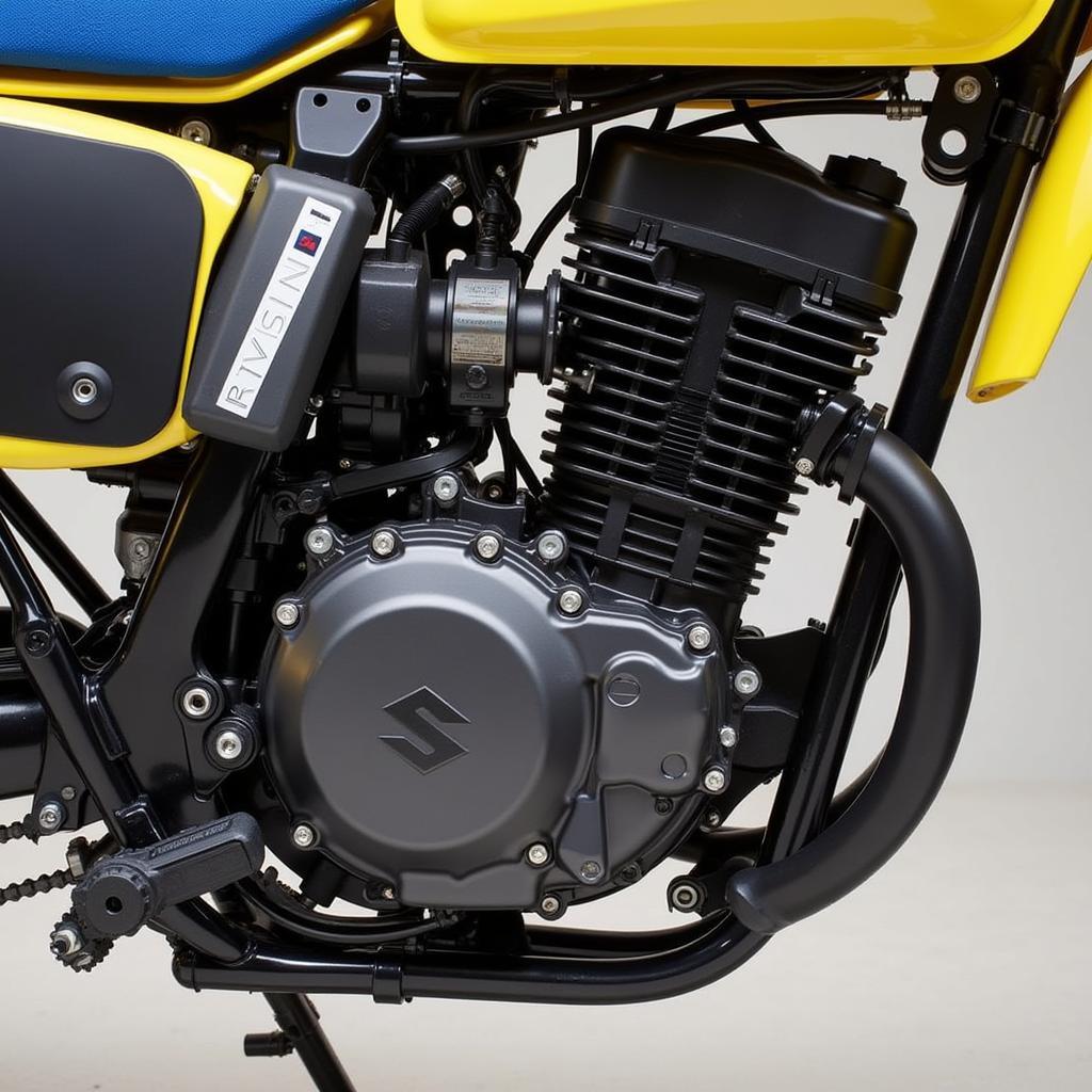 Detailansicht des Motors und Getriebes der Suzuki DR 500