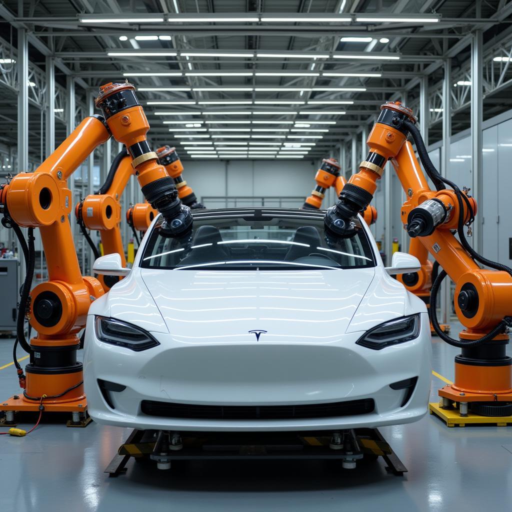 Roboter in der Tesla-Fabrik bei der Montage