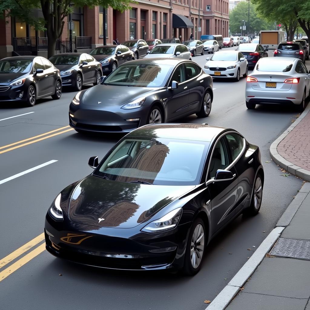 Tesla Model 3 im Stadtverkehr und beim Parken