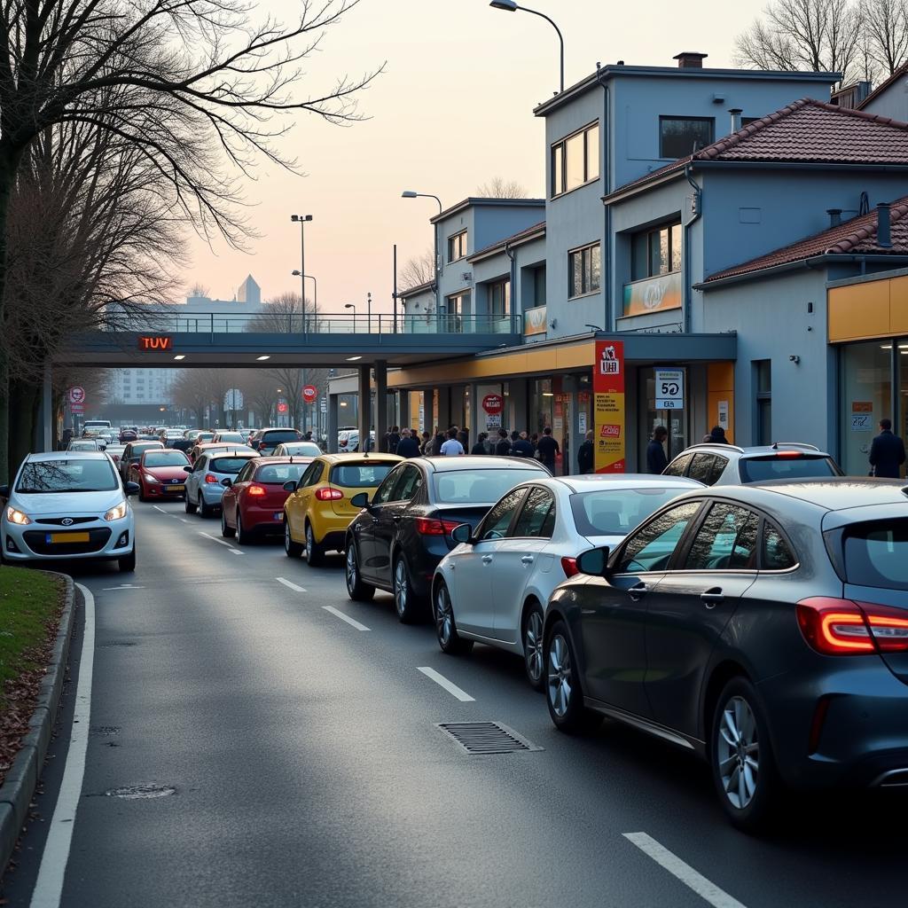 Lange Warteschlange vor der TÜV-Station in Berlin