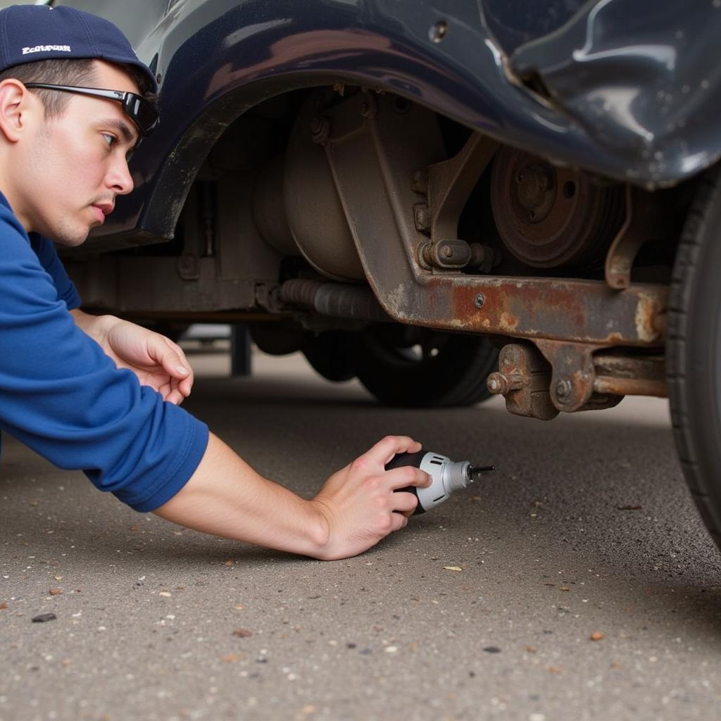 Sorgfältige Besichtigung des Unterbodens eines Unfallwagens