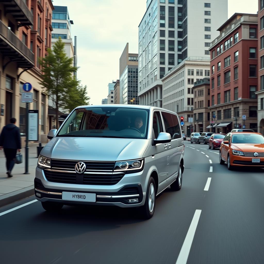 Volkswagen T7 Hybrid fährt durch die Stadt.