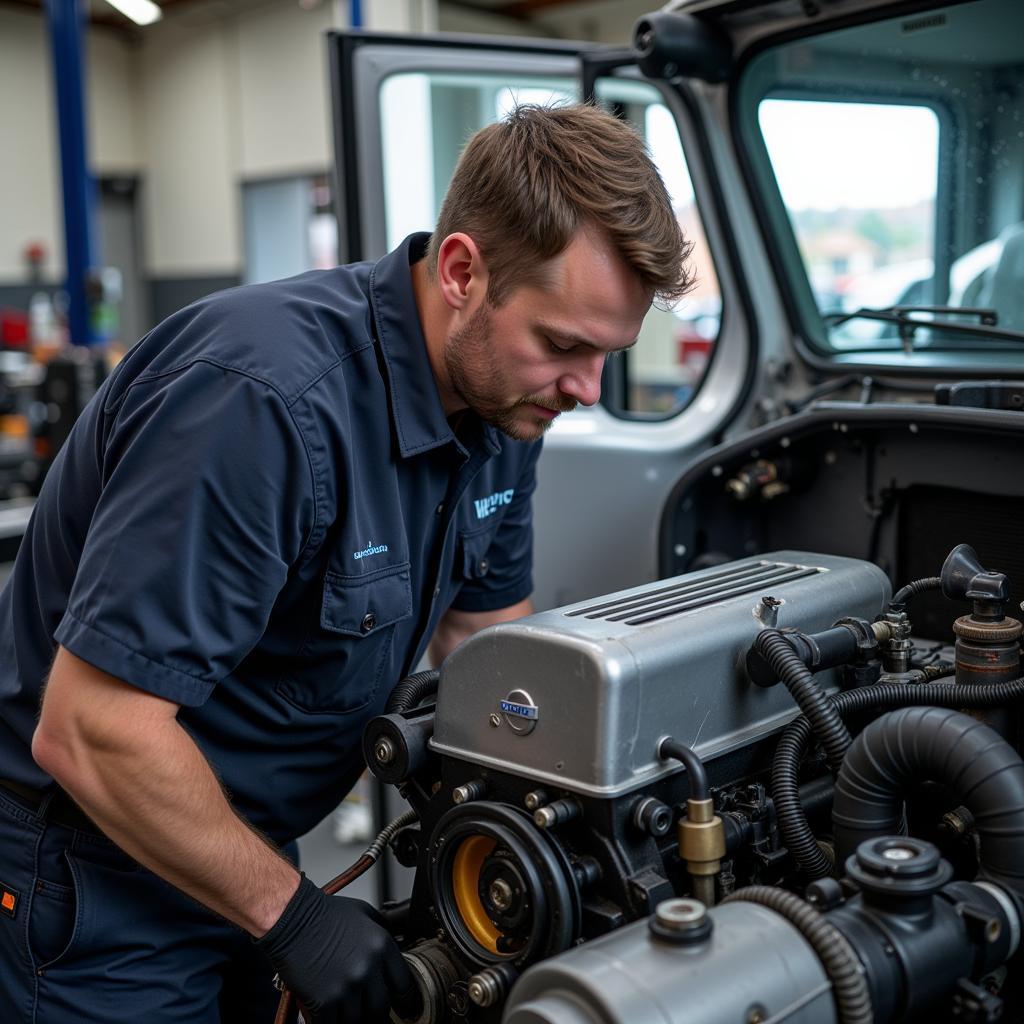 Volvo Lueg Werkstatt Reparatur: Ein Mechaniker arbeitet an einem Volvo Motor in einer modernen Werkstatt.