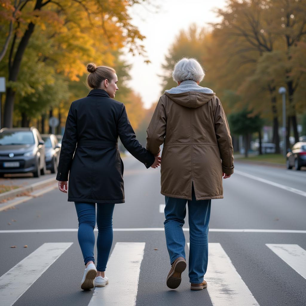 Vornehmheit im Alltag: Eine Frau hilft einer älteren Person über die Straße