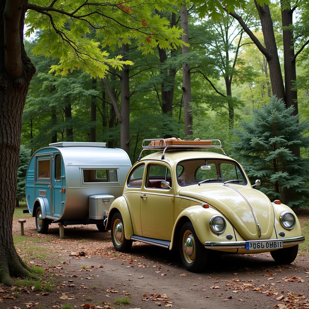 VW Käfer mit Wohnwagen auf dem Campingplatz