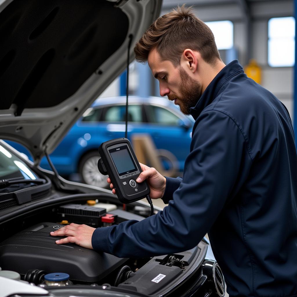 Mechaniker in einer Werkstatt, der an einem VW Motor arbeitet und ein Diagnosegerät verwendet