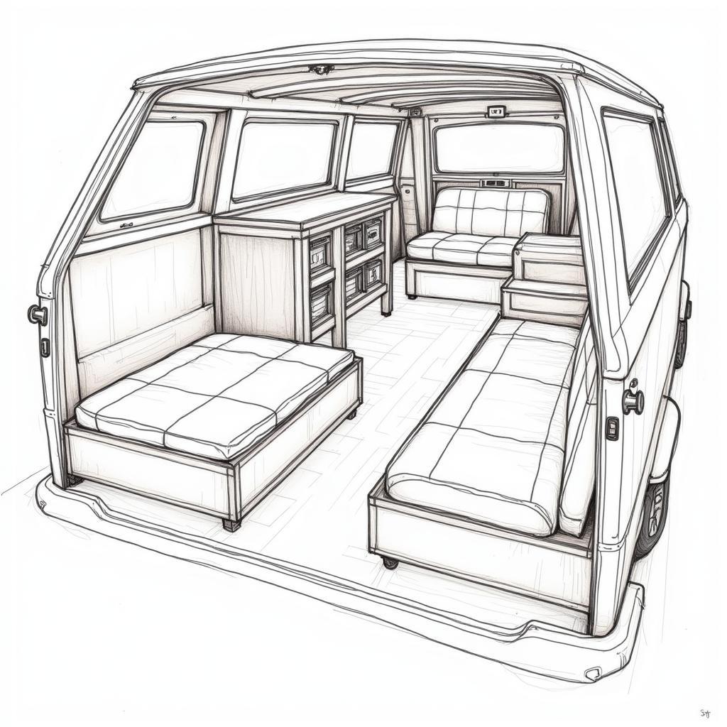 VW T4 Ausbau Planung: Skizze des Innenraums mit Markierungen für Möbel, Elektrik und Isolation.