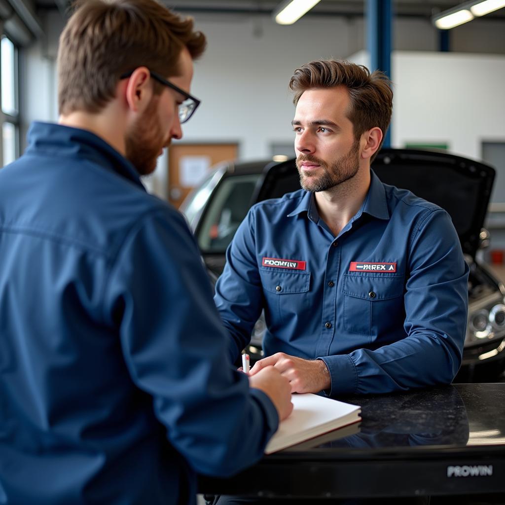 Ein Automechaniker nimmt an einem Weiterbildungskurs zu neuen Technologien in der Automobilbranche in Prowin teil.