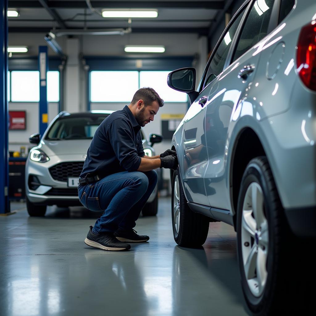 Moderne Werkstatt im Autohaus BHS: Mechaniker arbeitet an einem Fahrzeug.