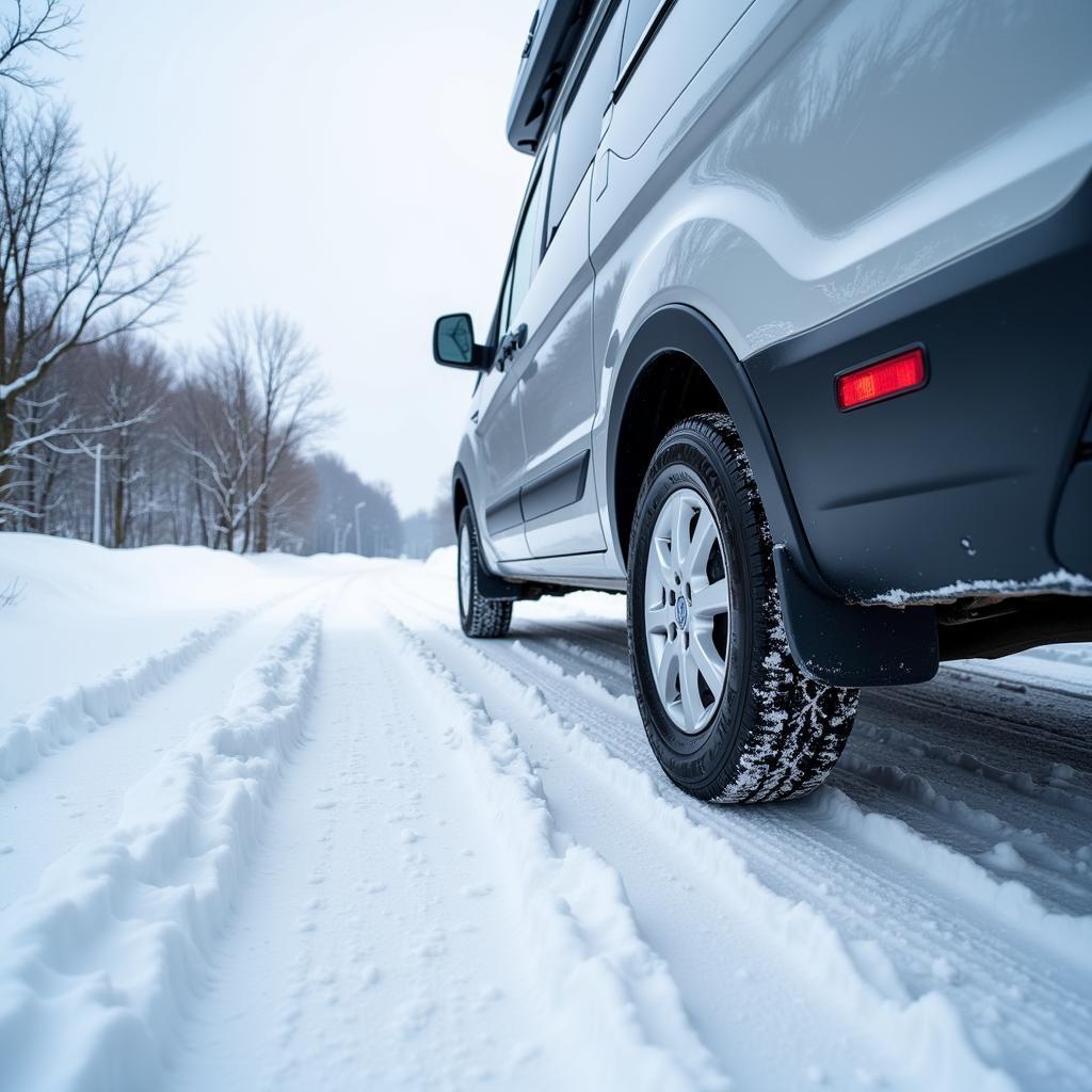 Winterreifen für Wohnwagen auf verschneiter Straße