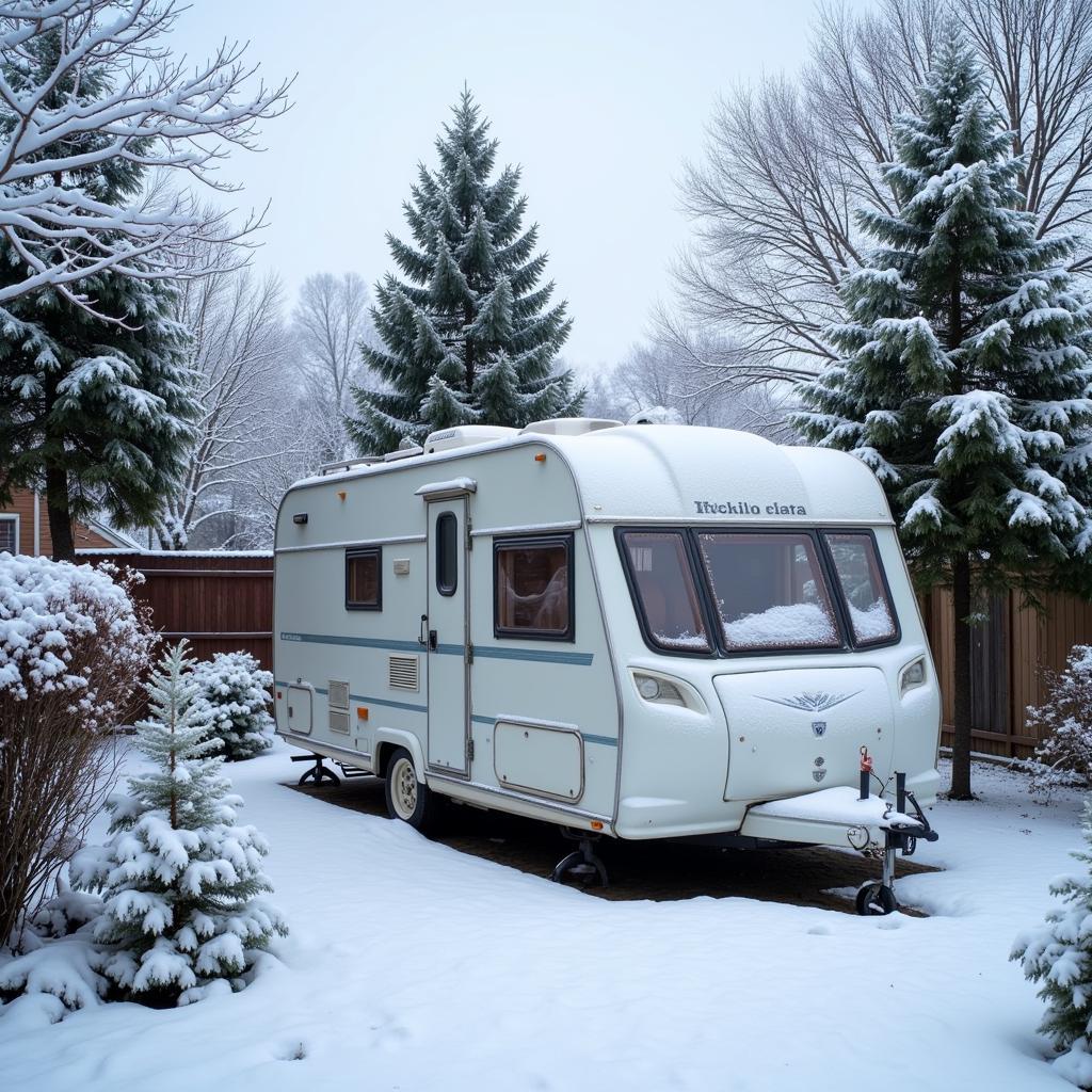 Wohnwagen im Garten im Winter, bedeckt mit Schnee.