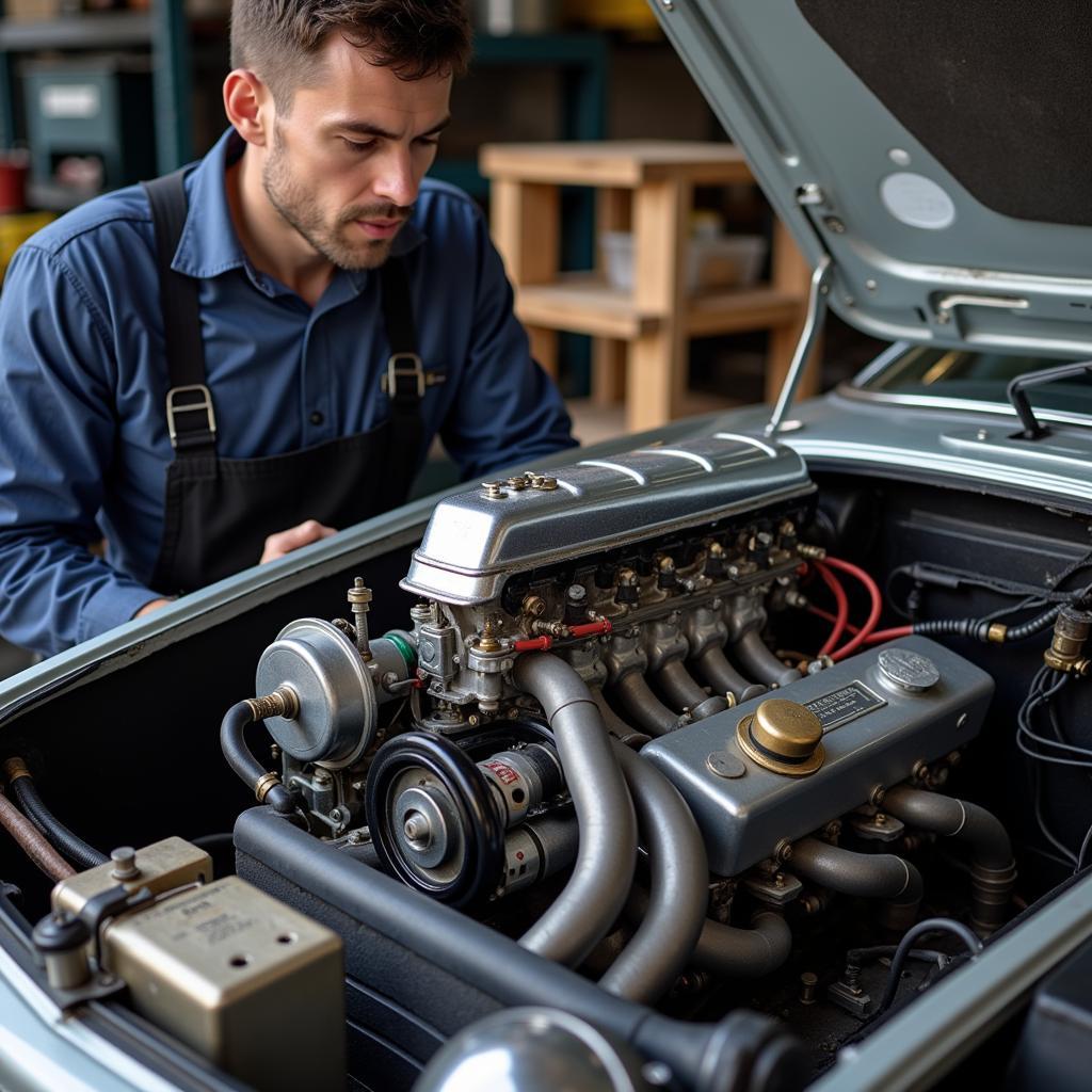 Ein Mechaniker arbeitet an einem alten Porsche 911 Motor.