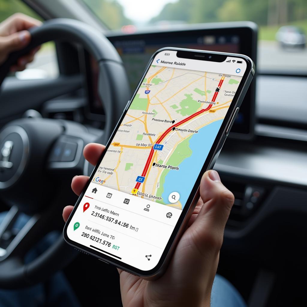 Navigationssystem auf einem Smartphone zeigt Stau auf der A9