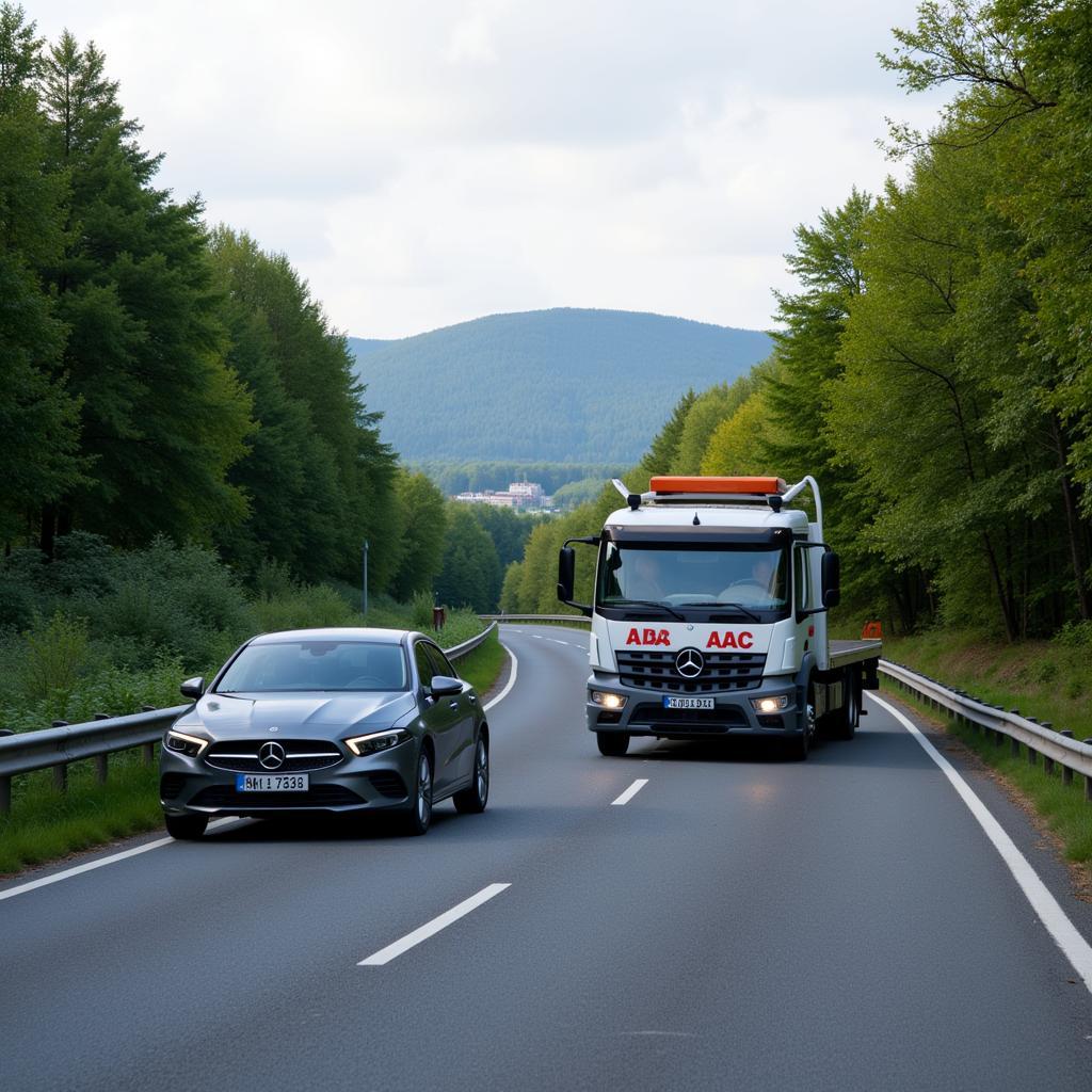 ADAC Pannenhilfe und Auto Rücktransport im Ausland: Ein Pannenfahrzeug am Straßenrand mit ADAC-Abschleppwagen im Hintergrund.