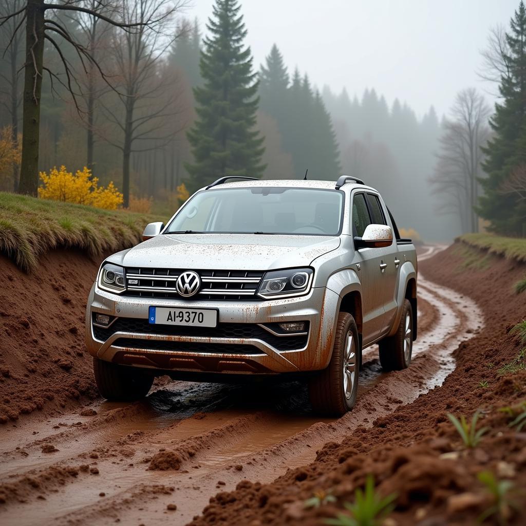 VW Amarok fährt durch eine schlammige Piste.